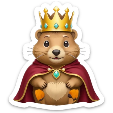 Groundhog wearing crown with a maroon cape with KPM embroidered on the cape sticker