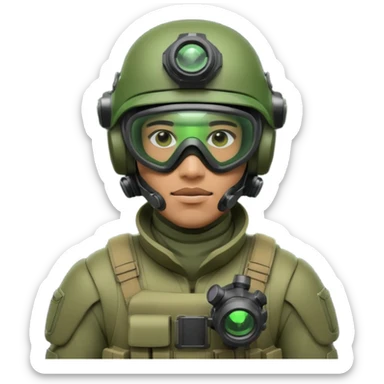 male futuristic soldier in green high-tech gear, helmet, mask, and night vision goggles, cool and brutal sticker