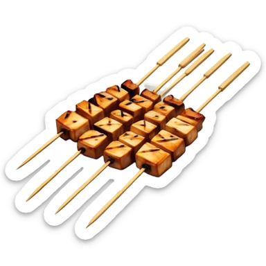 Cinematic Realistic Yakitori Dish Emoji, depicted as skewered, grilled chicken pieces with a charred finish rendered with crisp textures and appetizing, natural lighting. sticker