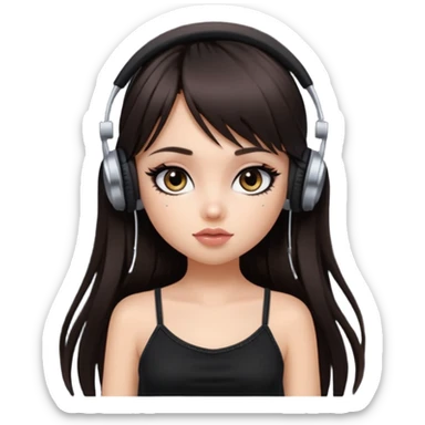 generate a pretty bratz girl in black cami top, dark brown straight long hair with bangs, eyeliner on, listeninh to music sticker