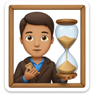 man holding sand time sticker