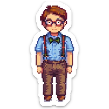 pixel art icon of a nerd with round glasses and suspenders sticker