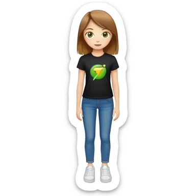 Create an emoji with a picture of a girl with straight light brown hair, yellow-green eyes, wearing a tight black T-shirt, blue wide jeans and white sneakers sticker