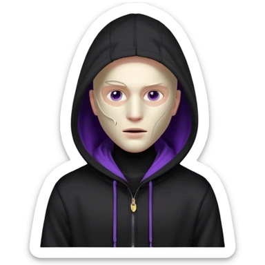 non human male cartoon character related to a shadow, with all black clothes, focusing a black hoodie, and a black versace face mask covering his entire face, just his purple shadow eyes making a light bloom sticker