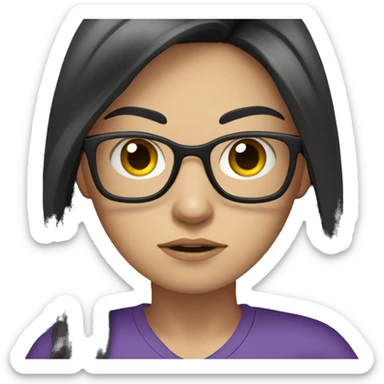 white girl, angry scowling, purple t-shirt, long black hair, wearing glasses, with arms crossed over chest. sticker