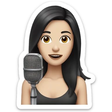 a woman with long black-brown hair, hazel eyes, pale skin, singing into a microphone sticker
