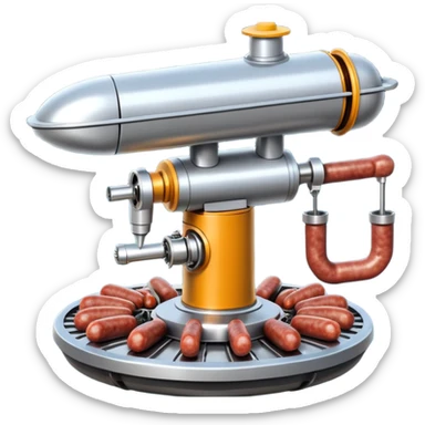 sausage-processing droid. retro-futuristic style. top is a circular industrial meat grinder with rotating gears and blades. Two robotic arms feed material into grinder. Sausage links extrude from the rear like  factory. The body is metallic, compact, and floats above the ground.no legs. Dark humor sticker