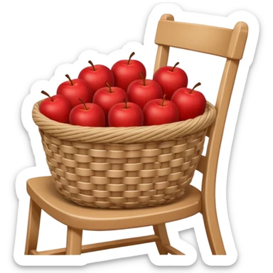 woven basket with apples and cloth on a white wooden chair, brown sticker
