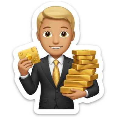 billionaire character wearing a suit and tie with a confident smile holding a stack of money or gold sticker