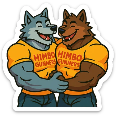 keep only the two hyper-muscular wolf furries in 'Himbo gunners' t-shirts hugging sticker
