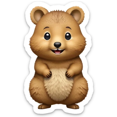 cinematic-quokka-realistic-emoji,-small-round-frame-balanced-on-tiny-strong-hind-legs, head tilted in an endearing manner, comical smil, giant-fluffy-cheeks-large-smile-fluffy-brown-fur-radiating-a-warm-softness,-big-round-eyes-filled-with-joy, realistic emoji zoomed in sticker