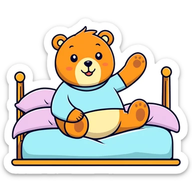 Bear in bed waving sticker