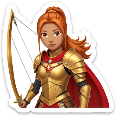 a strong woman with tan skin, long ginger ponytail, and fierce eyes. She wears a warrior’s outfit with gold and red armor, including a breastplate, armguards, and a long cape. She holds a bow,  sticker