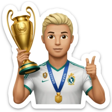Cristiano Ronaldo holfing the champions league with noodle hair a bit longer noodle hair with a bit of blonde highlights and tge hair xoming down a bit just a bit of blonde not completely sticker