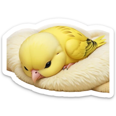 Meme-Worthy Cute Sleeping Yellow Budgie Portrait Emoji, Head resting peacefully with a contented smile, showcasing a petite, delicate build and a luxuriously soft yellow feathered fur, eyes shut in a serene nap, Simplified yet hilariously adorable features, highly detailed, glowing with a soft, drowsy light, high shine, relaxed and utterly lovable, stylized with an air of playful laziness, bright and heartwarming, soft glowing outline, capturing the essence of a comically sleepy budgie, so meme-worthy it feels like it could instantly become the next viral sensation of adorable slumber! sticker