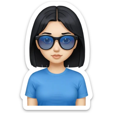 A girl with black bob hair with pony, wearing black sunglasses and a blue t-shirt. sticker