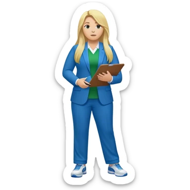 Full Body white plus size female basketball head coach using a clipboard with long blonde hair in a blue and green suit sticker