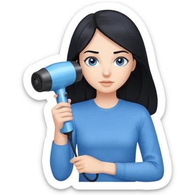 a girl with black hair, blue eyes in a blue shirt and with a hair dryer in her hands sticker