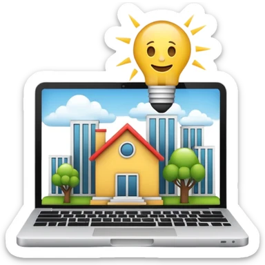 Emoji de una agencia creativa: edificio moderno pequeño con laptop y bombilla de ideas, estilo emoji minimalista, colores planos, líneas limpias, aspecto profesional y amigable, fondo transparente. sticker