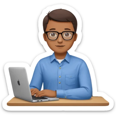 Create an emoji of a professional agronomist in an online video call. Sitting at a desk with laptop, wearing a shirt and glasses, friendly and confident expression, minimal flat design, bright colors, vector style, white background. sticker