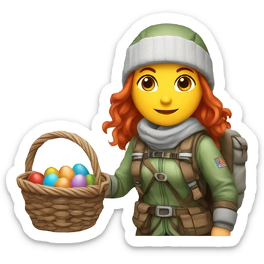 Greek Female winter mountaineer red hair white skin climbing with Greek Flag and Easter eggs basket sticker