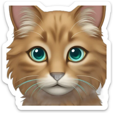 Brown fluffy cat with teal eyes , a lighter brown mane sliver of orange fur at the top of her head sticker