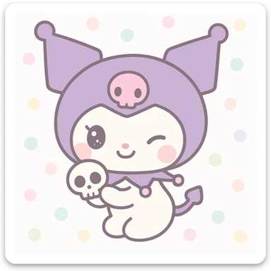 Kuromi character, kawaii style, winking, holding a skull sticker