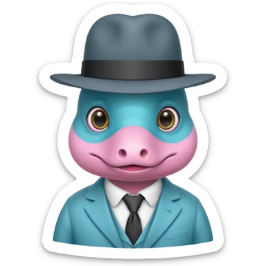 cute light blue turqiouse platypus head, mysterious with very big eyes with a detective hat and monocle on his eye, no  hands, looks like a platypus but blue, the hat and suit are pink sticker