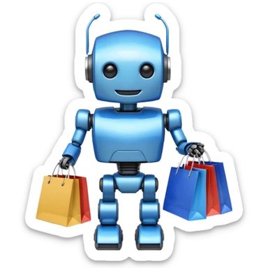 black friday robot with blue and metalic colours with bags in his hands smiling sticker
