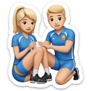 athletic trainer checking athlete's knee, concerned expression, emoji style sticker