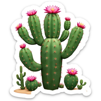 Cinematic Realistic Cactus Emoji, Tall and spiny, with thick, rounded stems covered in sharp spines. Bright flowers bloom at the tips of some branches, adding a pop of color against the desert backdrop. Soft glowing outline, capturing the essence of strength, survival, and desert beauty in a striking cactus! sticker