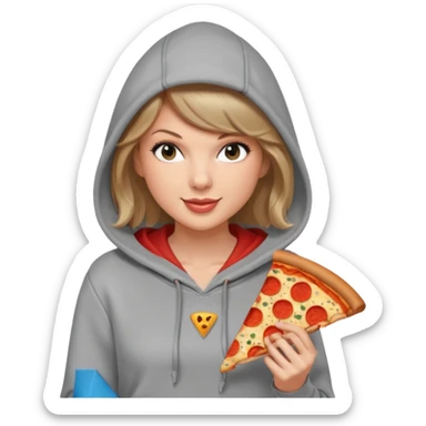 Taylor Swift, wearing hoodie, holding a slice of pizza





































 sticker