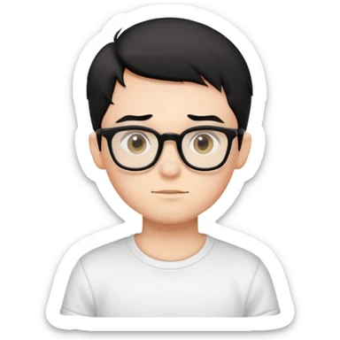 A boy with black-framed glasses, short black hair, and a white T-shirt sticker