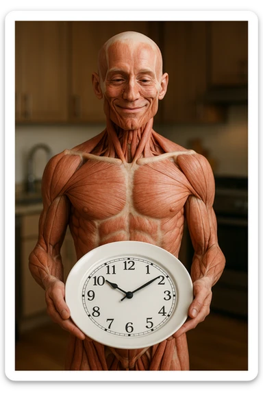 corpo umano anatomico, che tiene in mano un piatto bianco con la lancette di un orologio sopra, figura visibile fino ai fianchi, espressione del volto soddisfatta, sullo sfondo la sua cucina sfocata, iperrealistico 4k sticker
