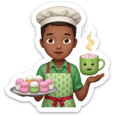 A young black vendor boy with pink cheeks, holding a tray of marshmallow-topped cocoa wearign green patterned apron sticker