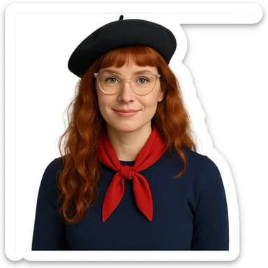 redhead woman, long wavy hair, bangs, cat-eye clear-framed glasses, blue eyes, French teacher, with a beret sticker