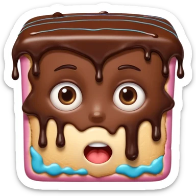 Rectangular chocolate mini pastry, slightly messy, wide shocked eyes, open mouth, chocolate dripping, text above: "ПАСТИЧКА", chibi style, Twitch emoji style, transparent background, colorful

 sticker