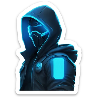 developer behind his laptop with this style : crysis Cyberpunk Riot Games Valorant neon glowing bright blue character blue black hooded assassin themed character sticker
