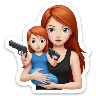 A red head with long straight hair, she has blue eyes with big boobs. She’s wearing a black tank top and holding a gun up in one hand and a baby boy with blue eyes sucking on one of her boobs in the other arm sticker