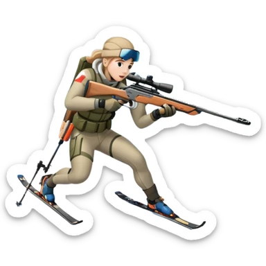 An icon showing a snowy landscape with pine trees, mountains, and a clear sky with a biathlete aiming a rifle in the foreground, wearing winter gear and skis. Transparent background emphasizes the precision, endurance, and beauty of this winter sport. sticker