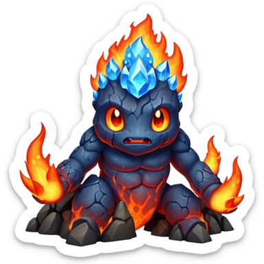 a mystical fast lava creature without arms with molten lava on its head and some rocky shoulders, full body, fire crystals, blue flames, no background sticker
