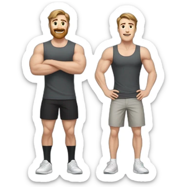 Full height Actively gesturing with hands Pale skinned Fit Man With the biceps and brown hair in dark gray Sleeveless Mike, black oversize sports shorts, watch and white Sneakers sticker