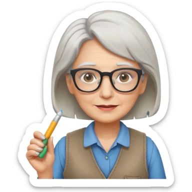 Female Teacher – older woman, similar vest attire, glasses, holding chalk sticker