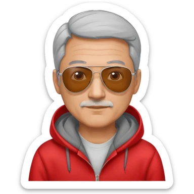 50-year-old man with some grey hair, aviator sunglasses, wearing a red hoodie sticker