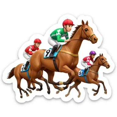 A 3D cartoon horse race scene with jockeys in motion, grassy track, bright daylight, Memoji-style rendering. sticker