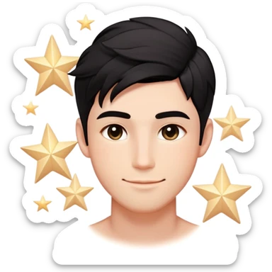 Male Design   Hair - Black textured crop cut with natural flow Face Shape - Oval contour with soft blush gradients Eyes - Left: Almond-shaped eye with sparkle highlights | Right: Glowing five-point star symbol (✨) Expression - Playful smirk with slight dimple sticker