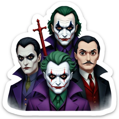 Thriller Movie Icon: A dark, intense collage with close-up images of iconic thriller characters like Joker, Hannibal Lecter, and Vlad Dracula. The background features a moody Gotham City skyline, with shadowy figures and fog. Atmospheric, suspenseful tone. Transparent background. sticker