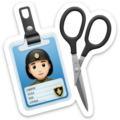 Floating black Scissors cutting in half an idf soldier ID card with a little chip in 2 parts sticker