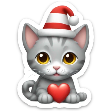 gray kitten holding a heart in a New Year's hat sticker