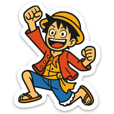 Luffy jumping in the air, excited facial expression, raised fist, vibrant toon style sticker